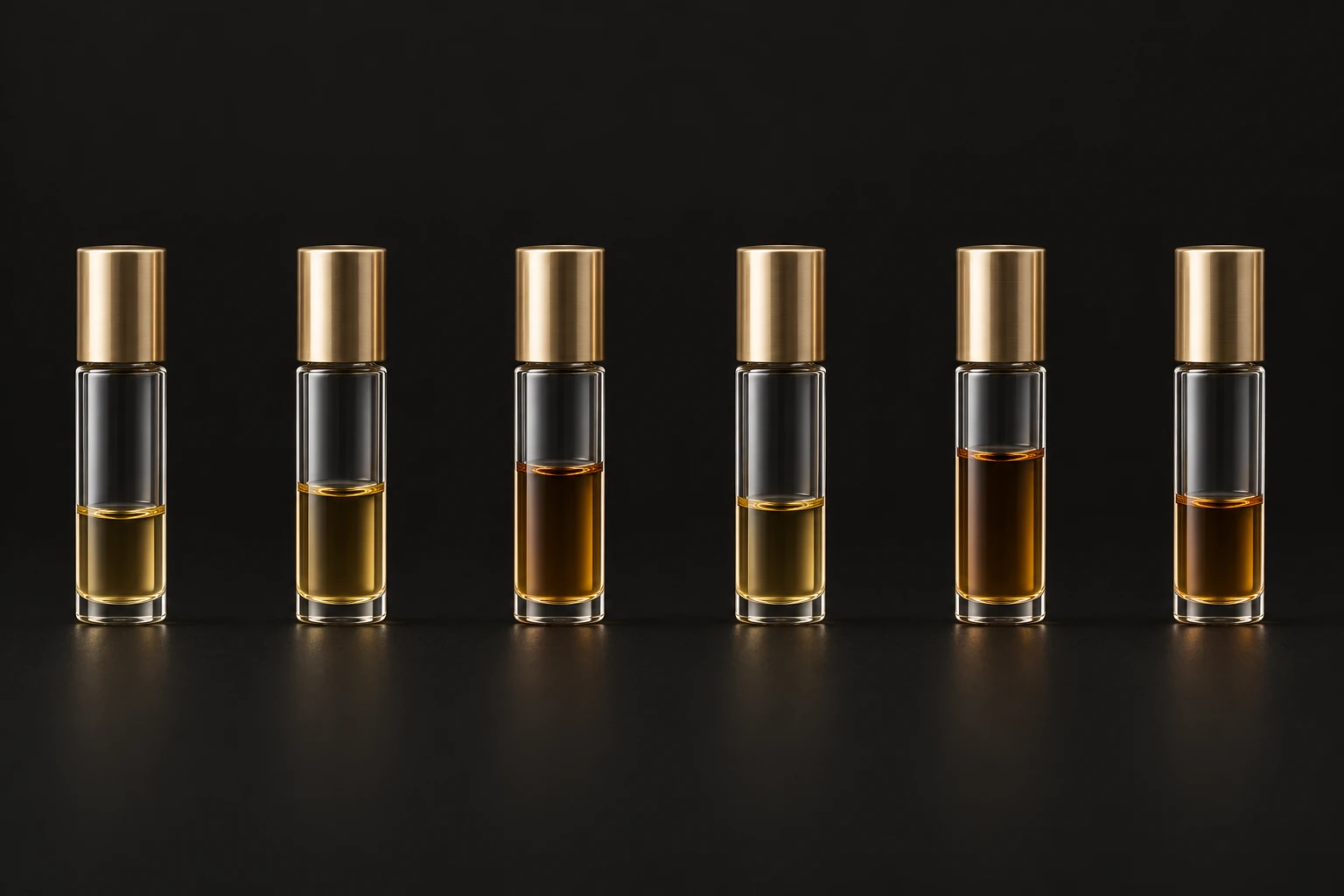 Six glass sample vials with brushed gold caps, arranged on a dark laboratory bench. Generated concept illustration.