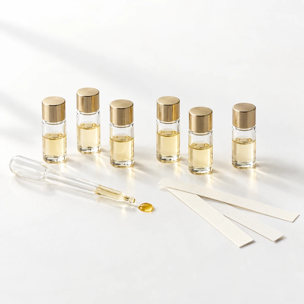 Six clear fragrance vials, a pipette and scent strips in a light laboratory. Generated concept illustration.