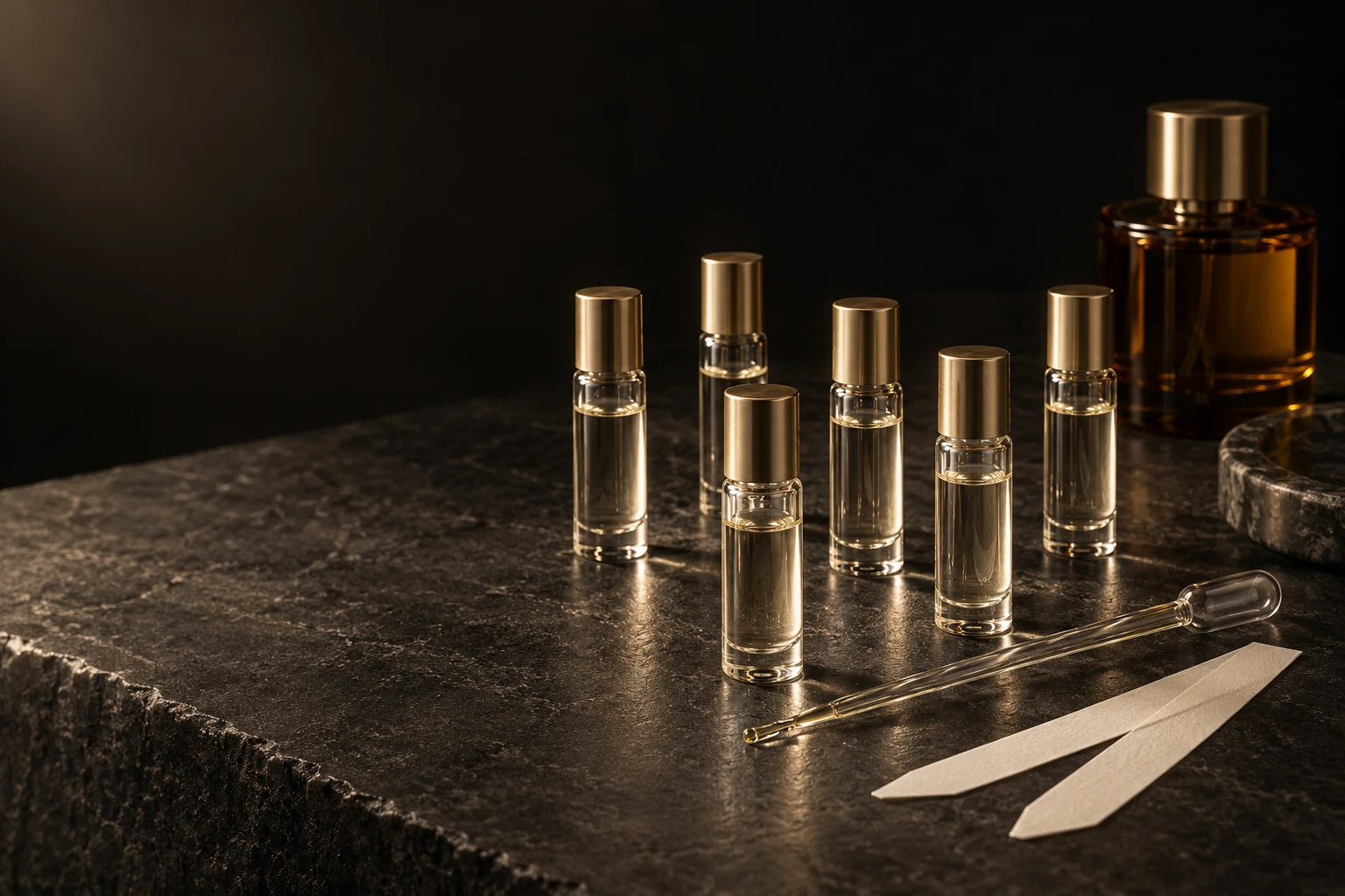 Six clear glass scent vials with amber perfume and a pipette on a dark laboratory bench; generated concept study